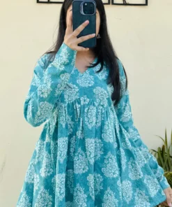 Katha Cotton Blue Flared Floral Print Aliacut Peplum Top