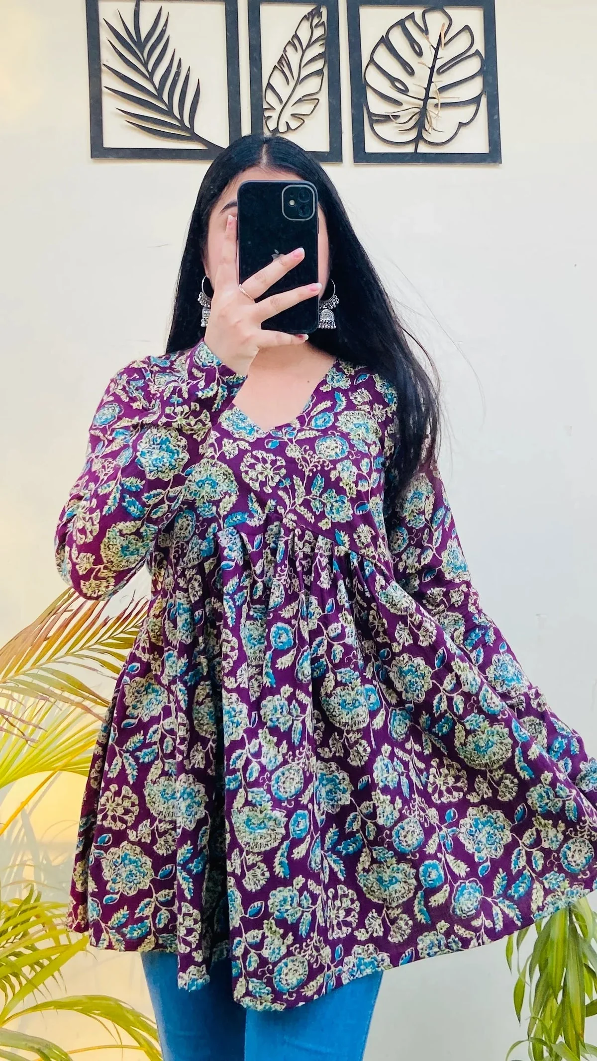 Cotton Wine Flared Floral Print Aliacut Peplum Top