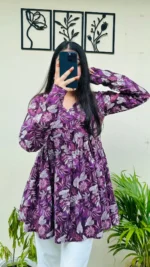 Cotton Wine Flared Floral Print Aliacut Peplum Top