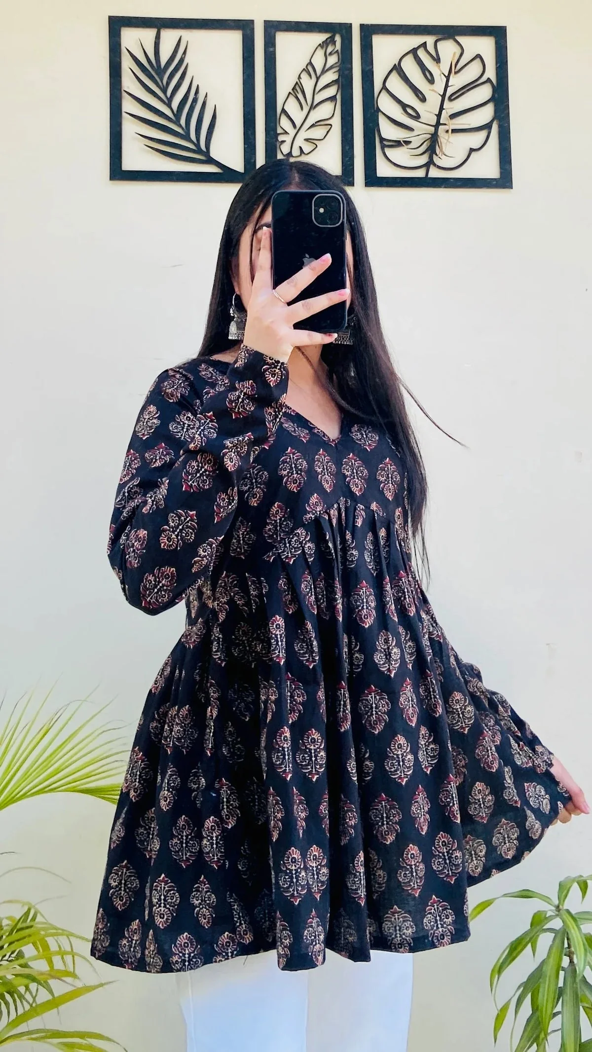 Cotton Black Flared Floral Print Aliacut Peplum Top - Image 2