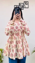 Cotton Cream Flared Printed Aliacut Peplum Top - Image 3