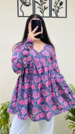 Katha Cotton Blue Katha Flared Floral Print Aliacut Peplum Top - Image 3