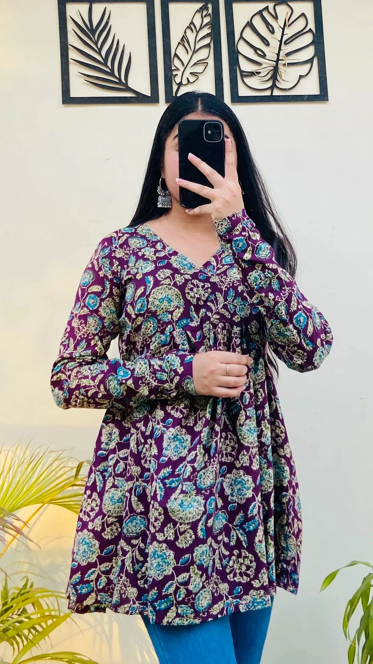 Cotton Wine Flared Floral Print Aliacut Peplum Top - Image 3