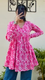 Cotton Katha Pink Printed Flared Peplum Top - Image 3