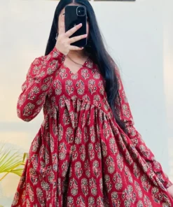 Cotton Katha Flared Wine Aliacut Floral Print Peplum Top