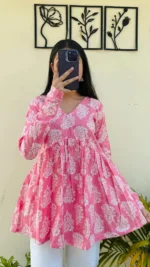 Cotton Katha Peach Printed Aliacut Peplum Top