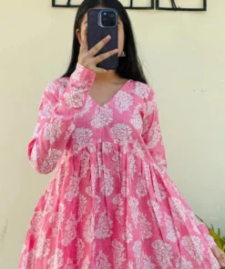 Cotton Katha Peach Printed Aliacut Peplum Top