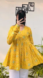 Cotton Yellow Flared Printed Aliacut Peplum Top