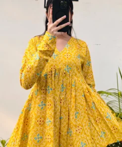 Cotton Yellow Flared Printed Aliacut Peplum Top