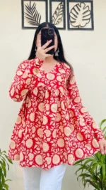 Cotton Flared Red Aliacut Printed Peplum Top