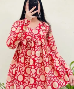 Cotton Flared Red Aliacut Printed Peplum Top