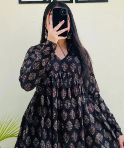 Cotton Black Flared Floral Print Aliacut Peplum Top