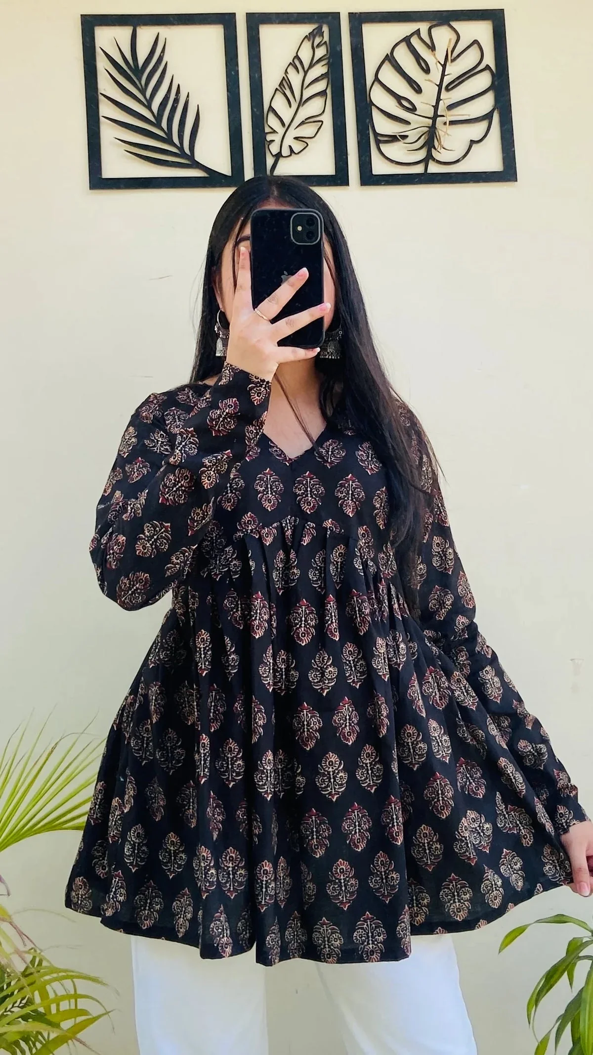 Cotton Black Flared Floral Print Aliacut Peplum Top